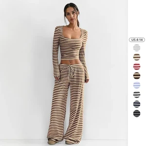 LYG Women's Casual Relaxed Square Neck Striped Knitting Long Sleeve Crop Top & Low-Rise Wide-Leg Pants Set