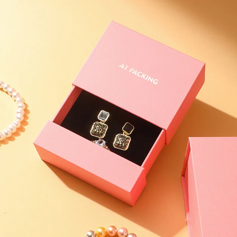 High-End Custom Logo Pink Magnetic Square Flip-Top Jewelry Gift Box Double-Layered Drawers for Rings Necklaces details