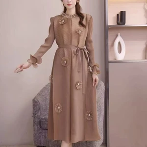 Extra-large Size Long Pleated Dress with Round Neckline, Sequin Embellishments and Lace Cuffs - a Casual Miyake Dress