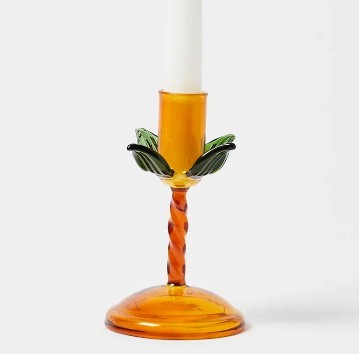Custom Made Handcrafted Colored Palm Tree Glass Candlestick Holder with Twisted Stick and Tapered Base