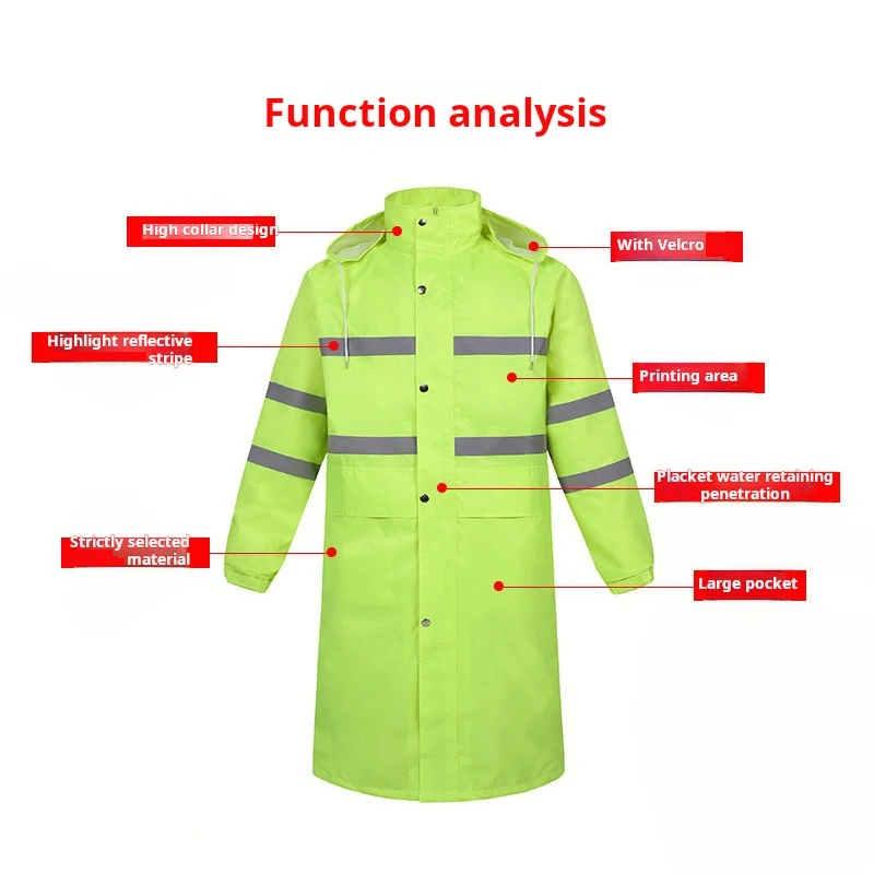 High visibility waterproof breathable reflective safety raincoat long rain jacket warning security m