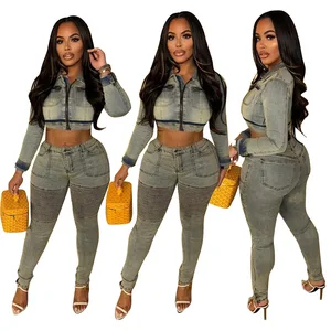 2026 Spring Women Denim High Waist Slim Hip Fashion Outfits Stretch Zipper Crop Jacket and Jeans Matching 2 Piece Set Y2K