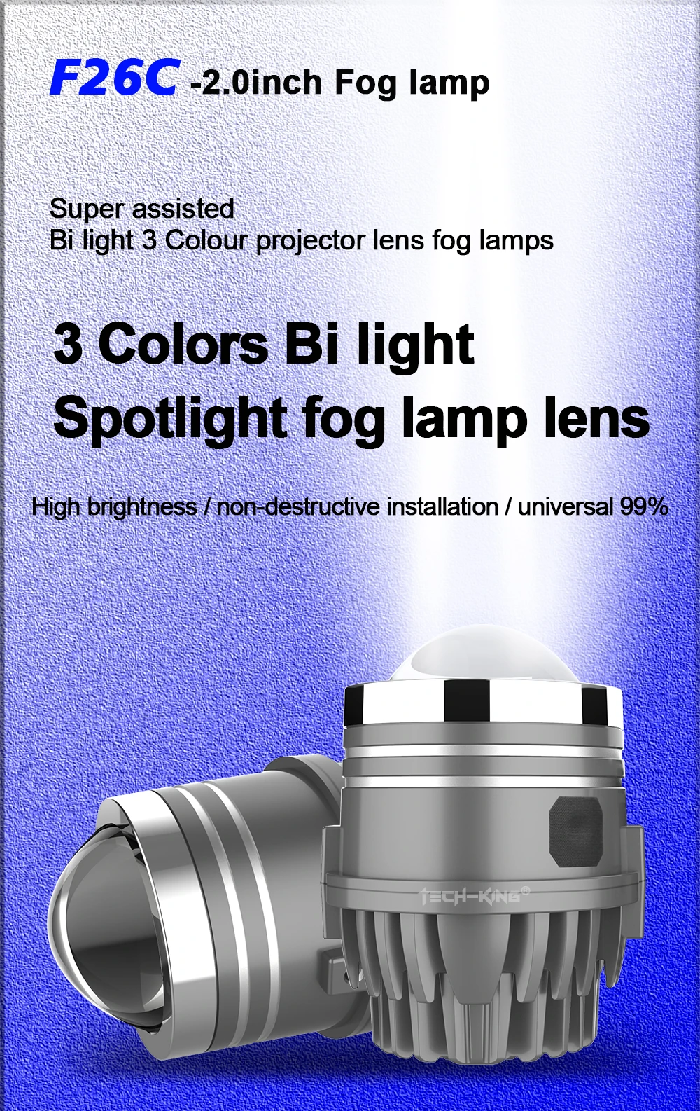 Universal 3 colors 2 inch 80W Bi LED projector lens fog lights Retrofit kit For Toyota For Nissan For Honda laser fog light