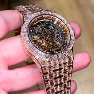 New Hip Hop Iced High Quality Luxury White Gold Glass CZ Zircon Diamond Men's Watch Waterproof Automatic Mechanical Movement