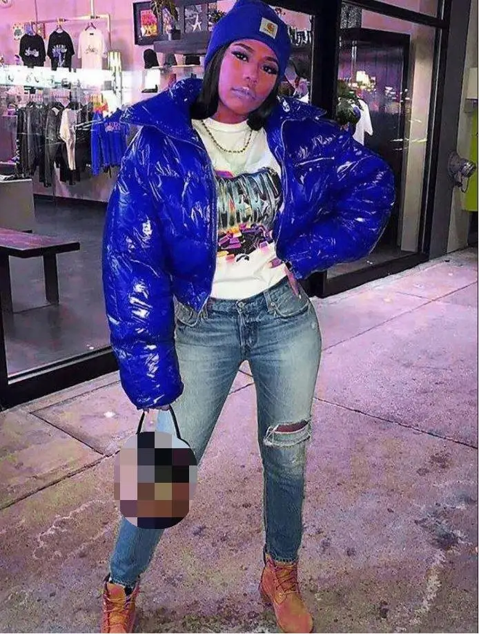 
 Блестящее укороченное Женское зимнее пальто ярких цветов с длинным рукавом, пузырьковое розовое пальто, пуховик  