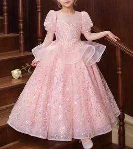 Sequins Children's Luxurious Dress Puff Sleeves Tulle Kids O-Neck Fluffy Layered Birthday Party Dresses for Girls