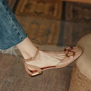 QuiteS 2026 Women's Summer Casual Shoes New Korean Style Closed-Toe One-Strap Chunky Heel Square Toe Versatile Solid Flat Sexy