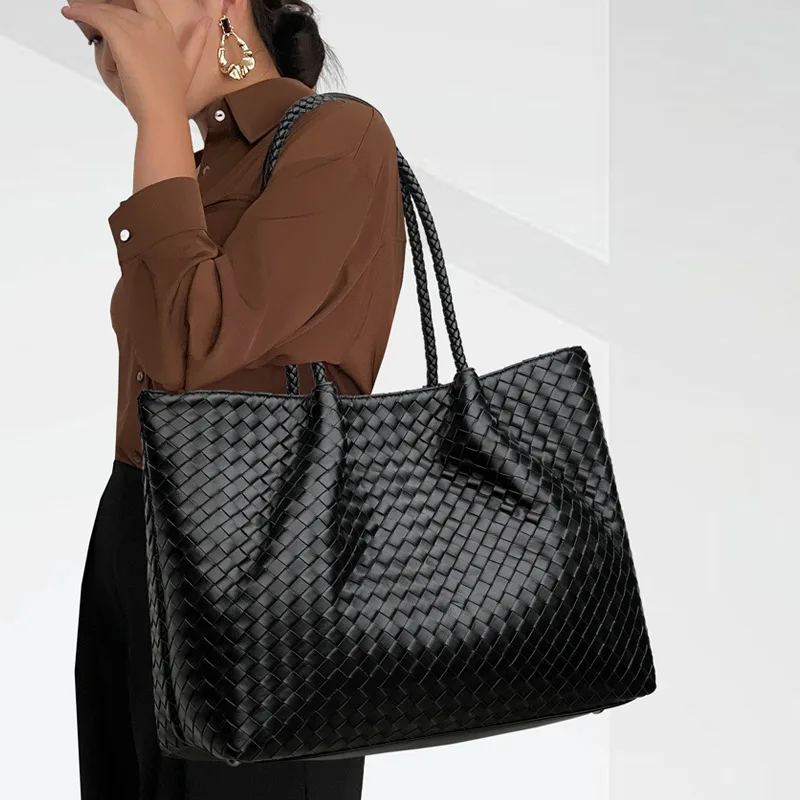 High Quality Women Genuine Leather Woven Tote bag Female Large Handmade Woven Ladies Shoulder Bag with Purse For Daily Life