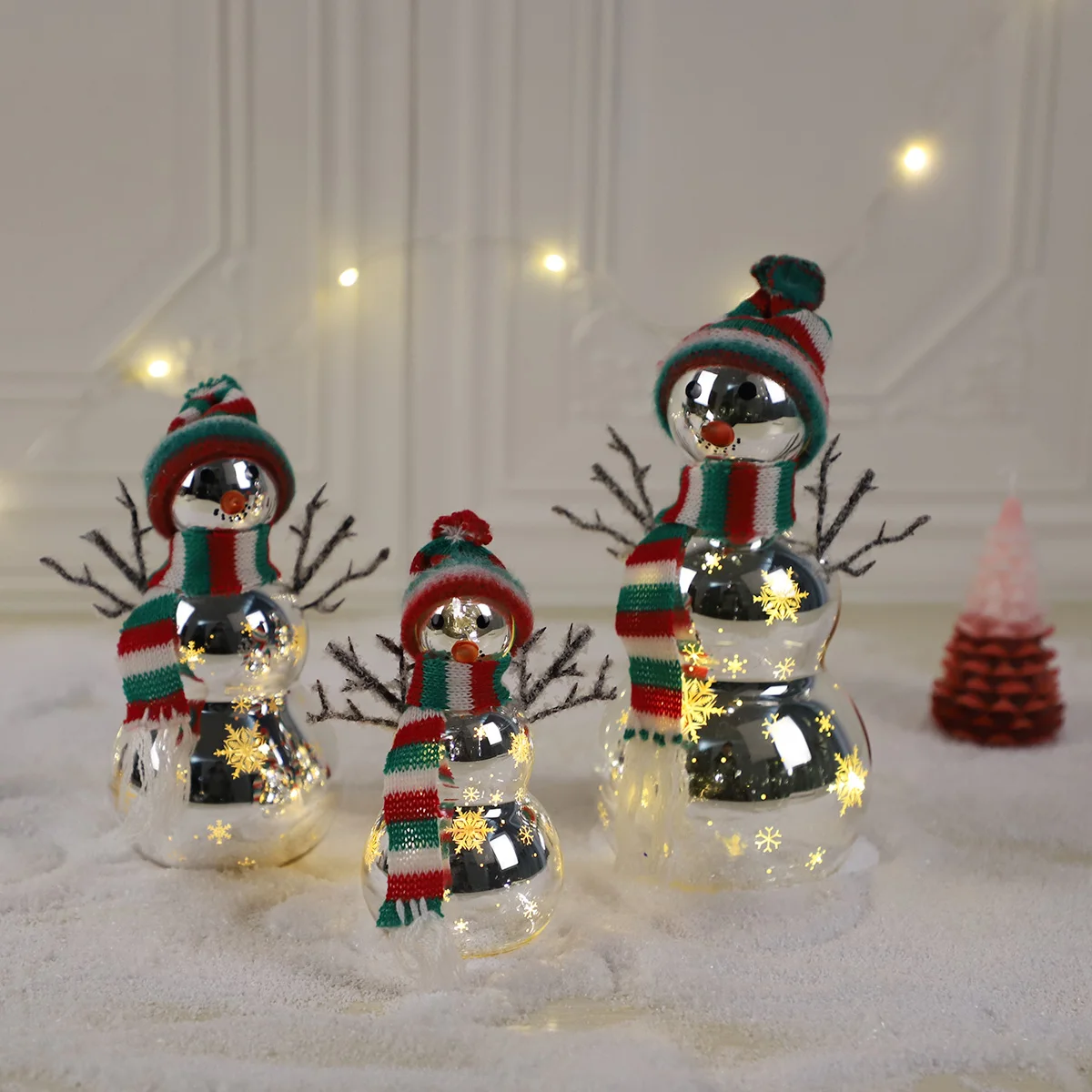 Small led light pre-lit up sliver glass christmas xmas snowman figurine decoration ornaments for christmas new year home decor manufacture