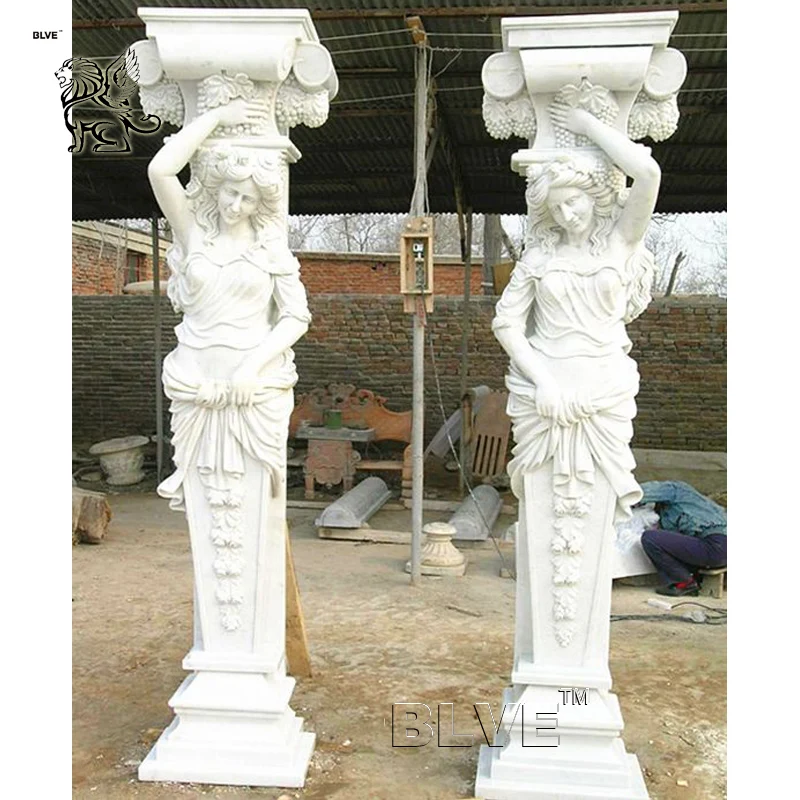 BLVE Decorative Building Design Large Handcarved White Stone Roman Greek Naked Man Pillar Statue Marble Square Columns