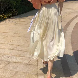 2026 New Dress Pleated Skirt Spring and Summer Women's Mid-length Satin Pearl Glossy Silky High Waist Satin Skirt