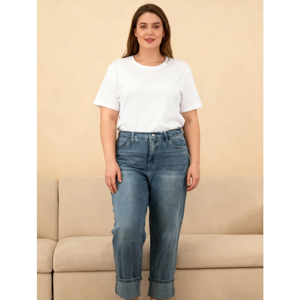 Plus Size Studded Cuffed Women's Jeans Trendy High Waist Loose Fit Denim Pants Fashion Casual Plus Size Trousers
