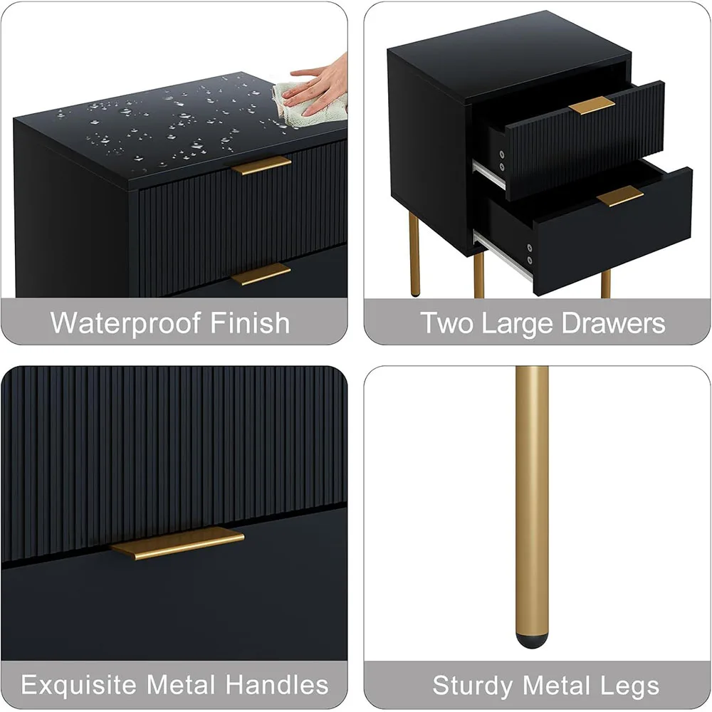 Modern Nightstand with Gold Frame 2 Drawers Small Bedside Table for Bedroom Living Room Dining Wooden Side Table for Home Use supplier