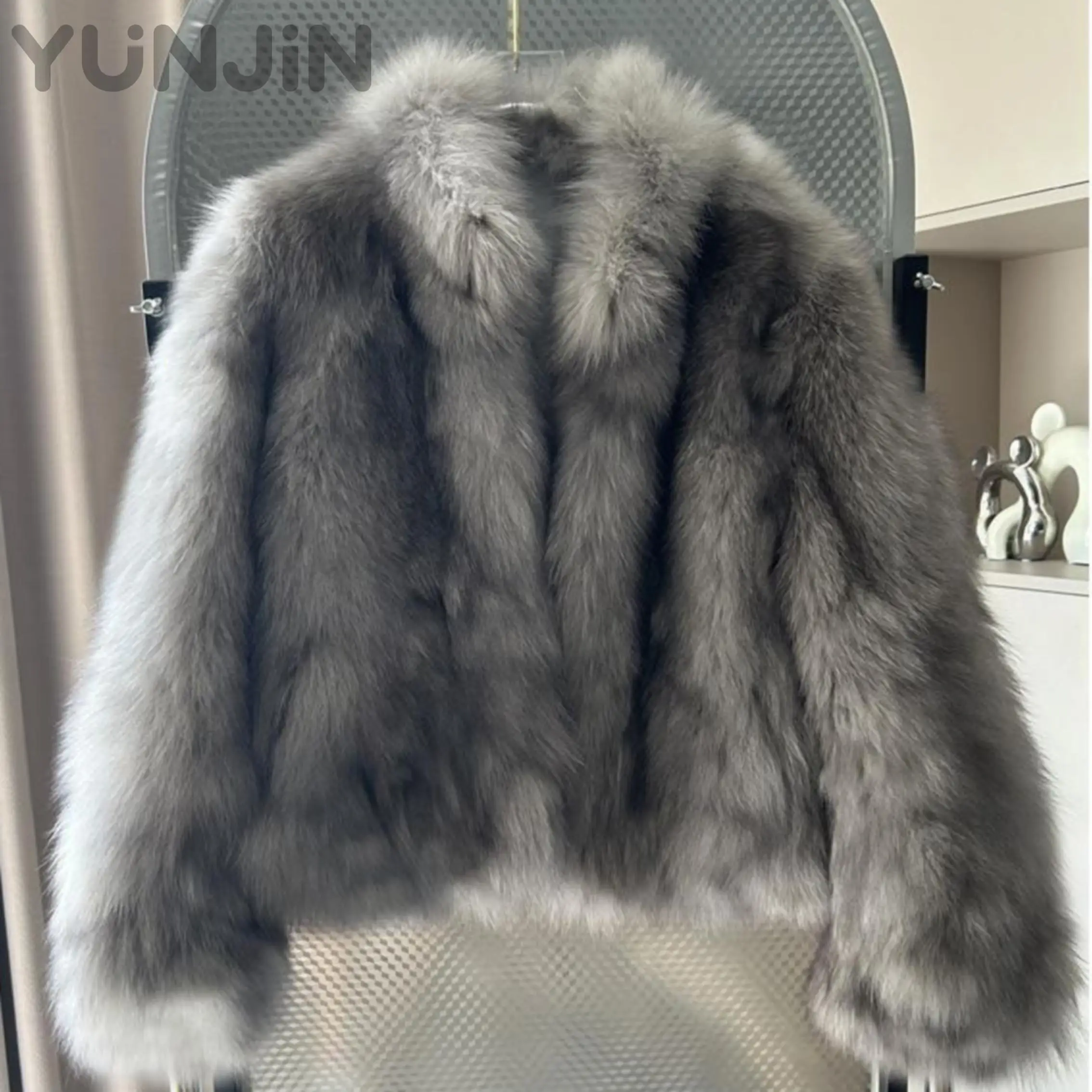 Winter Real Fox Fur Coat Women Stand Collar