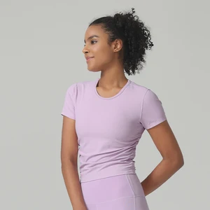 Custom Seamless Short-sleeved Sports Yoga T-shirts Quick Dry Ribbed Knit T-shirts Tight Top Fitness Yoga Gym T Shirt for Women