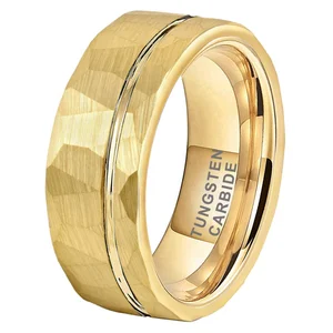 Coolstyle Jewelry 8mm Gold Hammered Offset Line Tungsten Carbide Ring for Men Women Fashion Engagement Wedding Band Comfort Fit