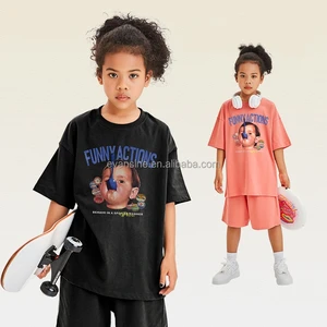 Customizable Kids Apparel Set 230g Short Sleeve T Shirt Shorts with Funny Actions Cartoon Print Oversize Loose Fit