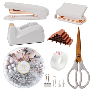 Business Style Office Stationery Set Rose Gold Stapler Tape Scissors Hole Puncher Paper Clip