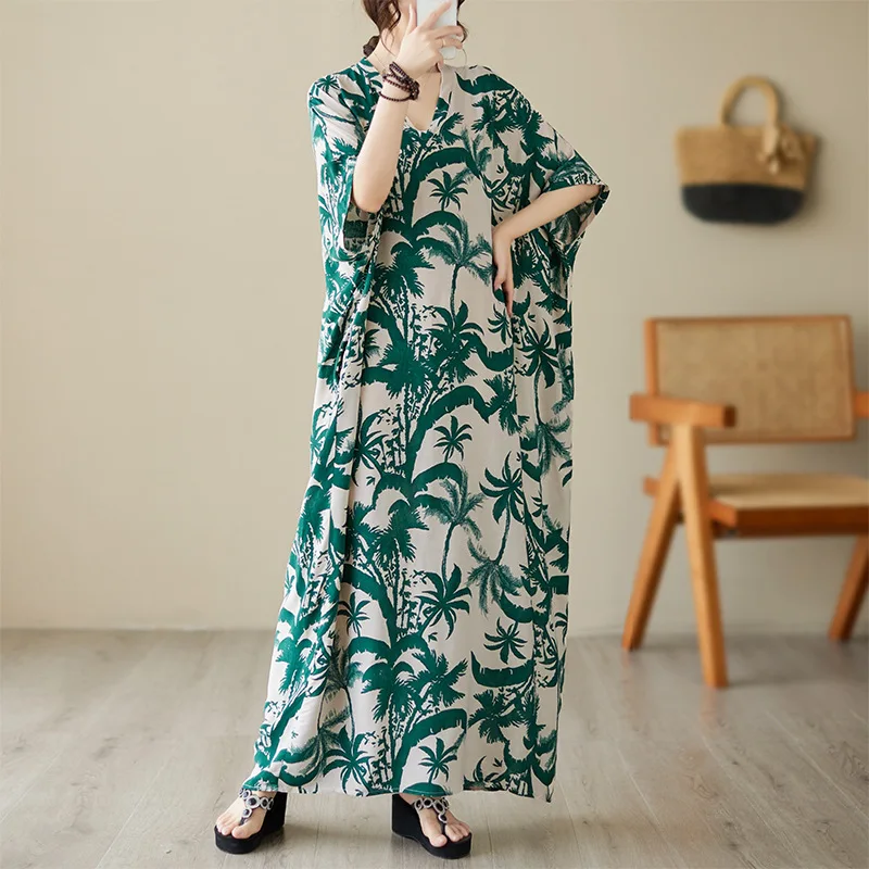 chinese dress ladies Embroidered Boho Dress Jasmine Embroidery Linen Kaftan M / Navy