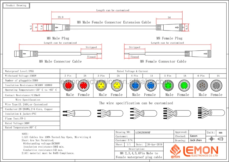Custom IP65 Male Female 5Pin LED Strip Light Connector RGB Mini M8 Waterproof Connector Cable