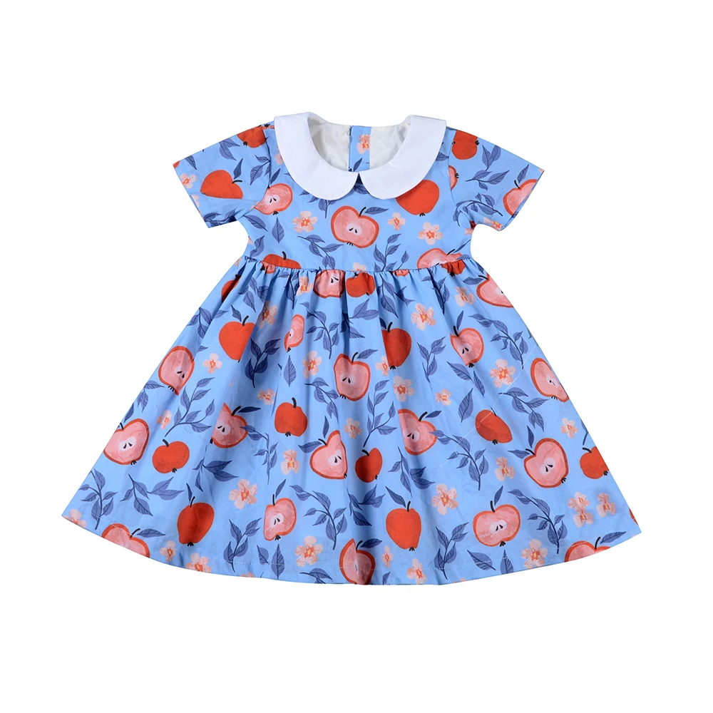 Custom Made Kids Girls apple Printing Dress Peter Pan Collar Short Sleeves Cotton Dresses Back to School Children Clothing