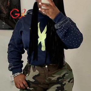 GX9555 Fashion Autumn Clothing Vendor Blouse Women Sexy Logo Rhinestone Printed Tops Lady Long Sleeve Hooded