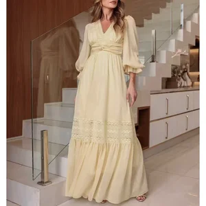 Factory Wholesale Runway Fashion Long Dress Women Spring Autumn American Socialite Elegant V-Neck Lace Stitching Ruffles