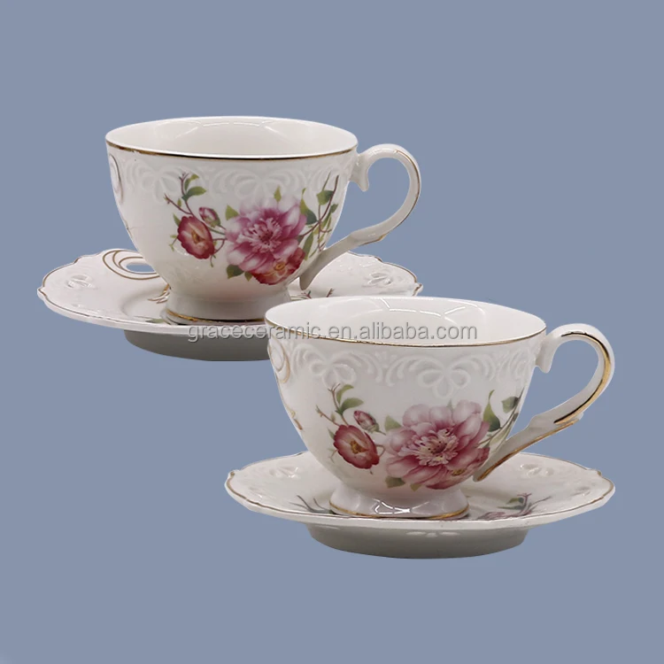 24pcs Modern Tea Cups And Saucer Set Royal Rose Gold Line Embossed Floral China Porcelain