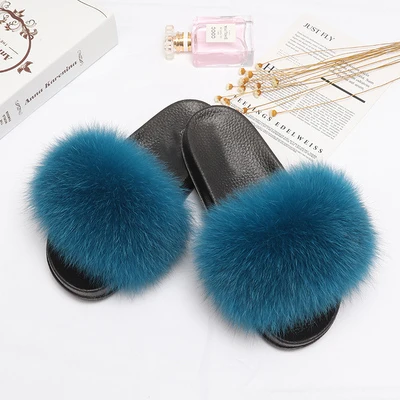 Fox fur slippers with logo real purse sets