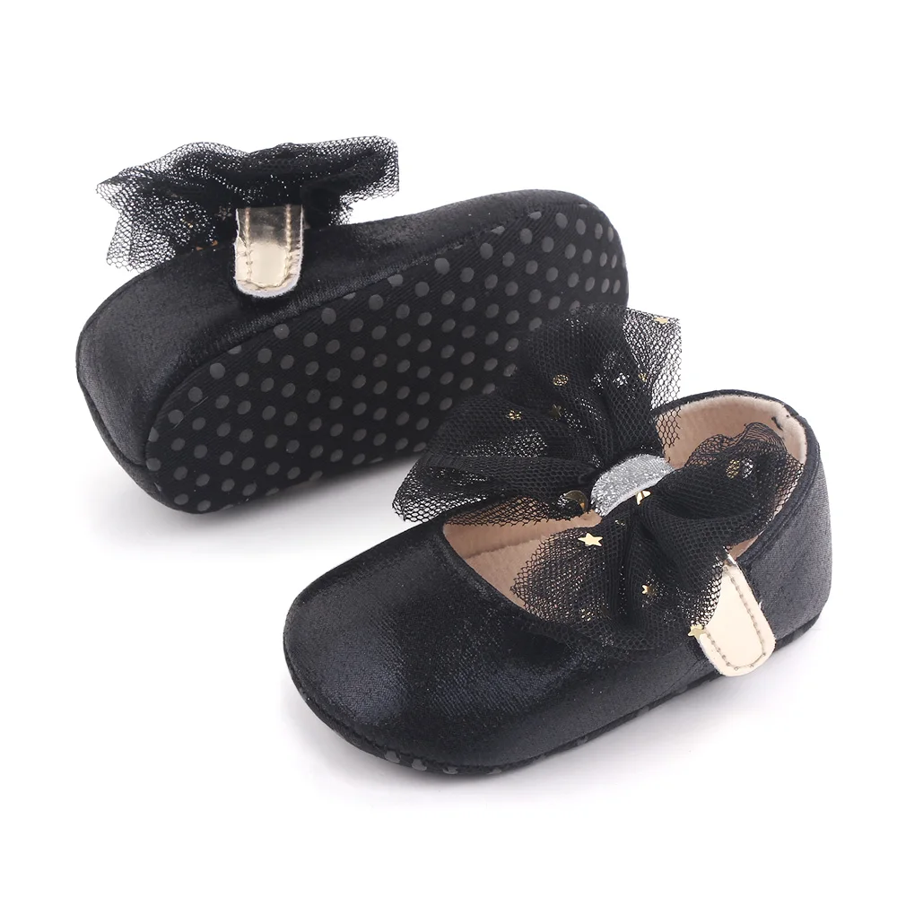 Mesh Big Bow Star Embellished Solid Color Sparkly Bright Baby Girls Princess Walking Shoes manufacture