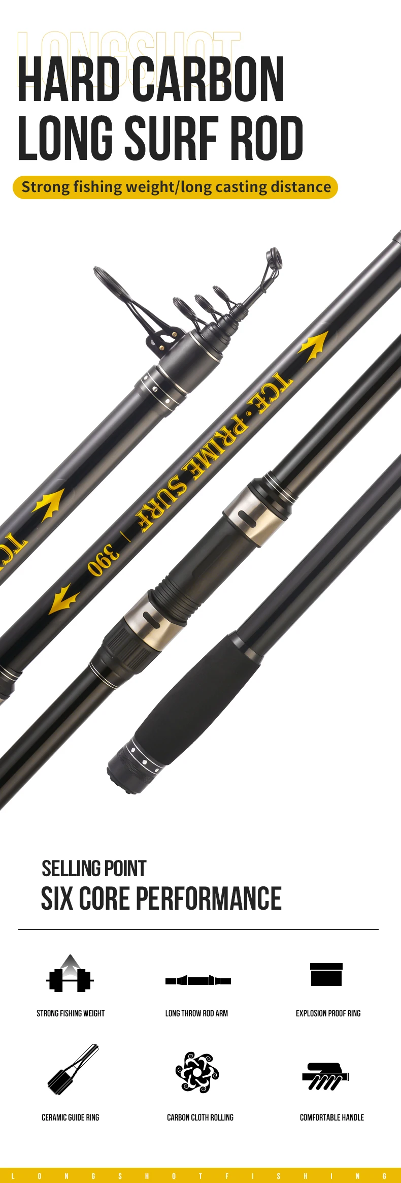 Dn 3.6m 3.9m 4.5m Carbon Fiber Saltwater Telescopic Pole Surf Fishing
