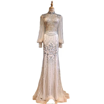 Taupe Puff Sleeves High Neck Mermaid Evening Gowns 2021 Serene Hill LA71036 Luxury Beaded Formal Party Dresses For Women