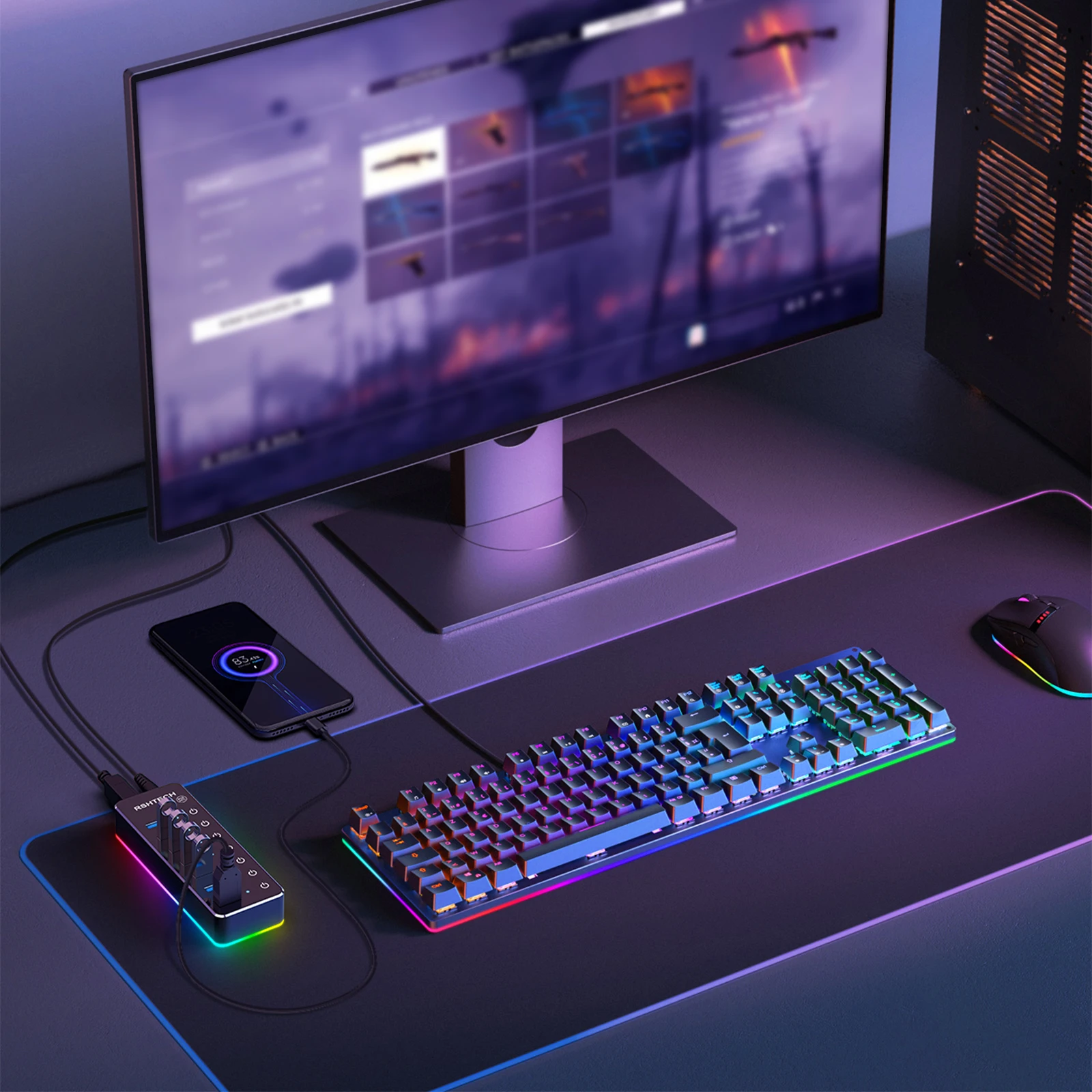 Rshtech Powered Rgb 7 Port Usb 3.0 Hub Individual Rsh518r 14 Mode Rgb Led Strip 20w Ul