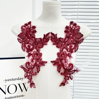 Luxury Embroidered Lace Nail Bead Applique Handmade Embroidery 3d Flower Bodice Applique Hollow Out Floral Patch