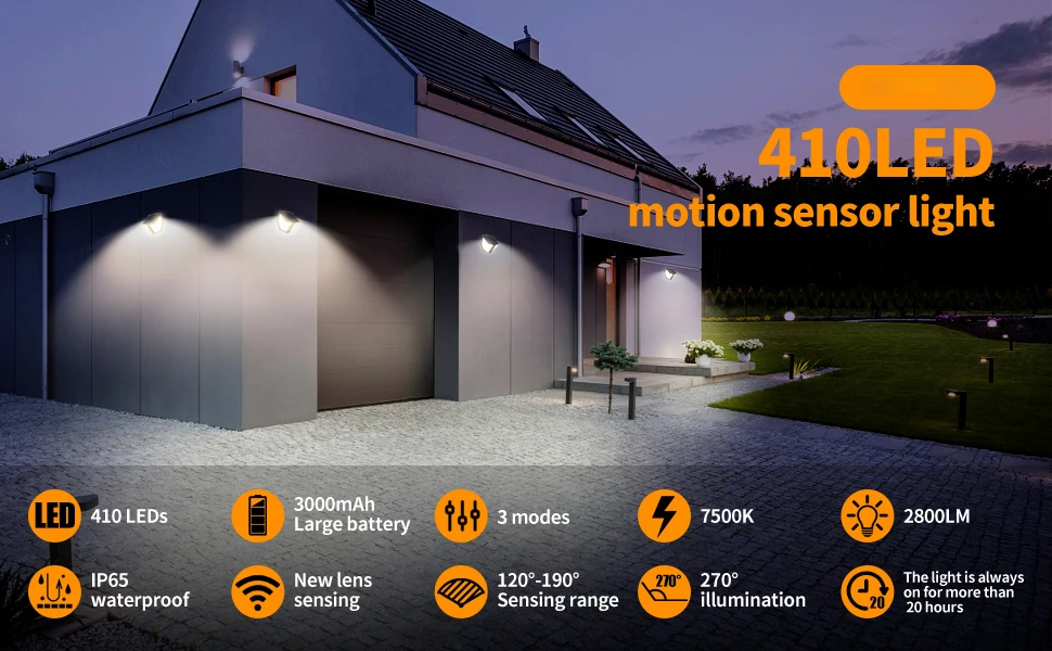 product 3000 mah battery ip65 waterproof 270 wide angle outdoor 410 led powered flood wall solar motion sensor lights for garden yard-37