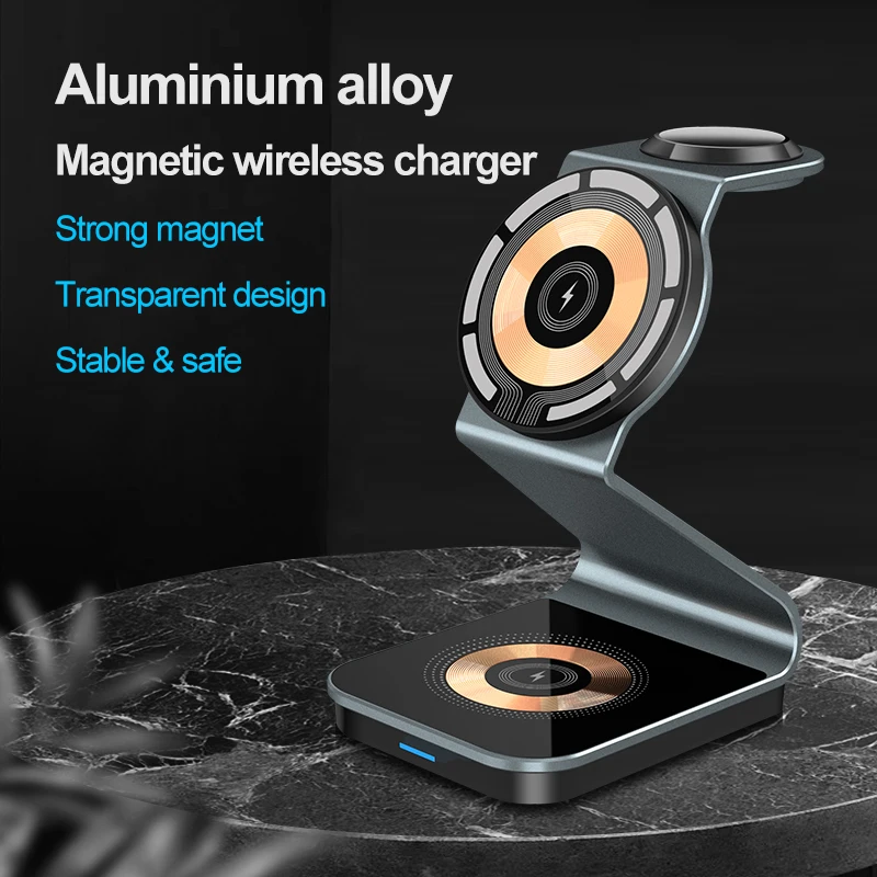 For iPhone Fast Charging 3 in 1 Magnetic Foldable Desk 15W Wireless Charger Mobile Phone Watch Earphone Multifunction Chargers