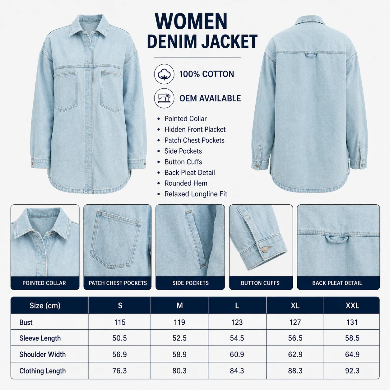 High Quality Soft Comfortable Breathable Eco-Friendly Denim Winter Jacket Women Dual Flap Patch Pocket Finished