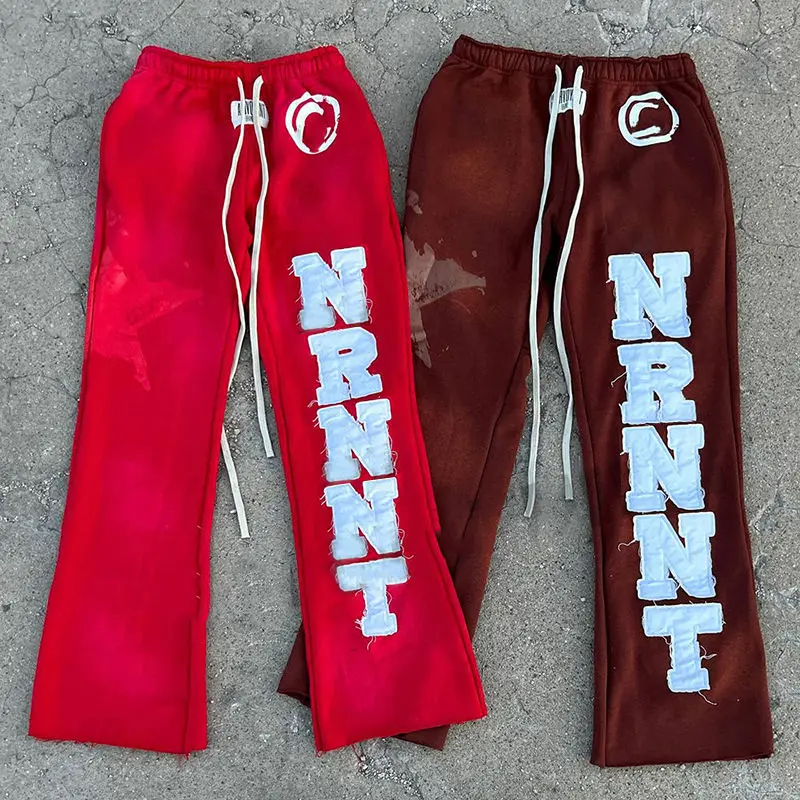 Custom Flared Joggers Applique Graphic Embroidered Patches Stacked Flare Baggy Sweatpants Acid Wash Jogger Men Flared Pants gallery 9