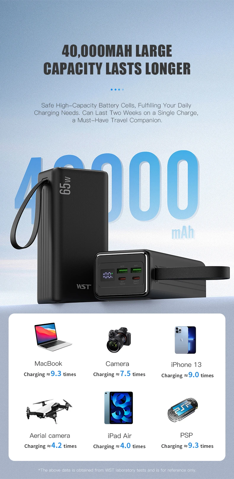 WST trending products 2023 new arrivals mobile power bank portable power bank 40000mah power bank