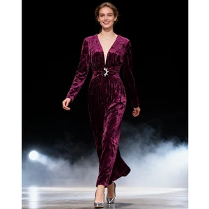 Factory Wholesale Vintage Long Velvet Dress Women Autumn Winter V-Neck Office Ladies Socialite Parties Stage Performances Wear