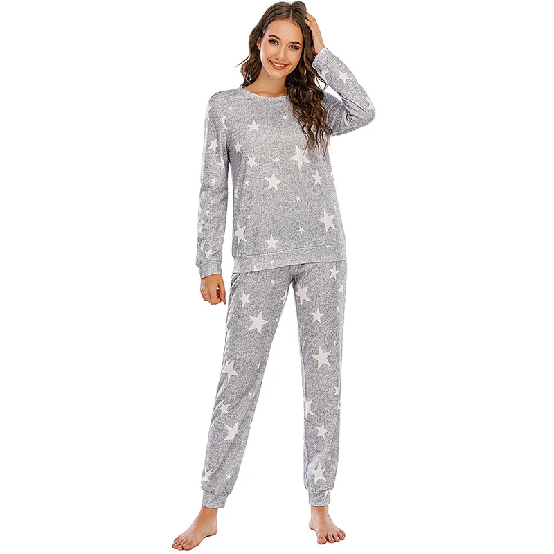 wholesale custom high quality long sleeve cotton pj homewear star print pajama two piece round neck pyjamas women set