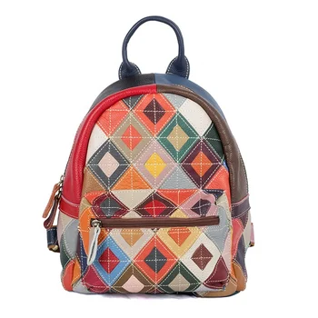 Colorful Bohemian Style Handmade Patchwork Leather Small School Bag Women's Backpack