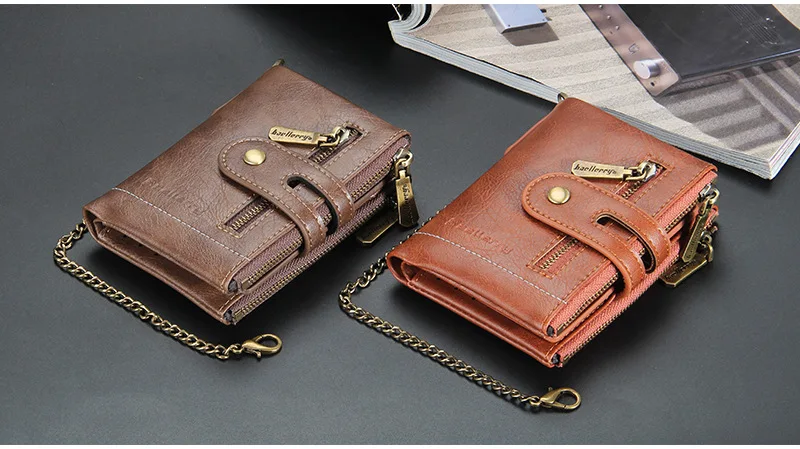 Baellerry 2021 New Wholesale Short Style Double Zipper Wallets With Chain for Men,Male Coin Purse Card Wallets Case Wholesale