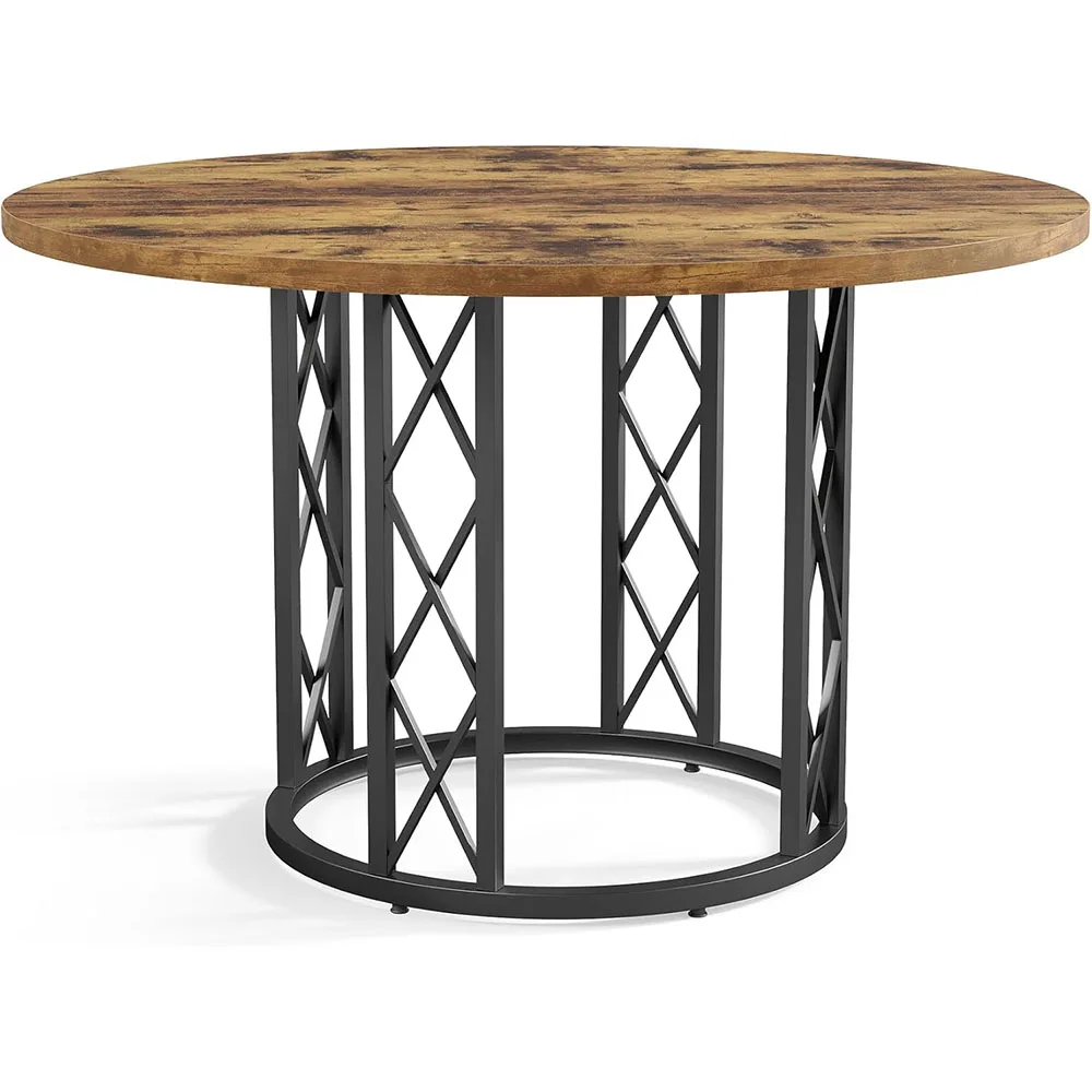 Rustic Round Dining Table with Metal Base Farmhouse Kitchen Coffee Table for Dining Room
