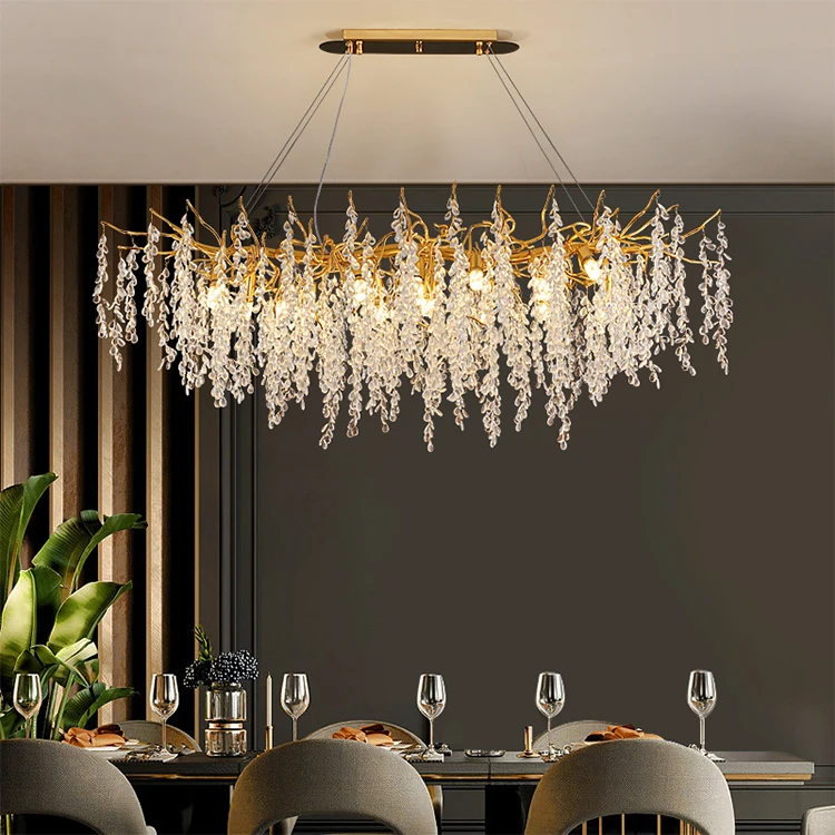 New Tree Branch Oval Crystal Design Decorative Hotel Restaurant Hanging Pendant Light Creative Aluminum Led Chandelier