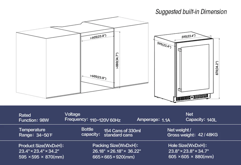 Factory Supply Black Color Beer Beverages Cooler 140L Built in Glass Door Drinks Refrigerator With Lock 4