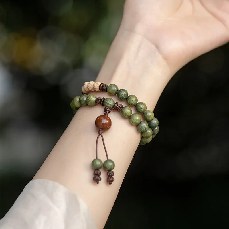 Green Palo Santo Sandalwood Buddha Beads 8mm Vintage Prayer Bracelets Multi-Layered Bracelets for Men Women Yoga