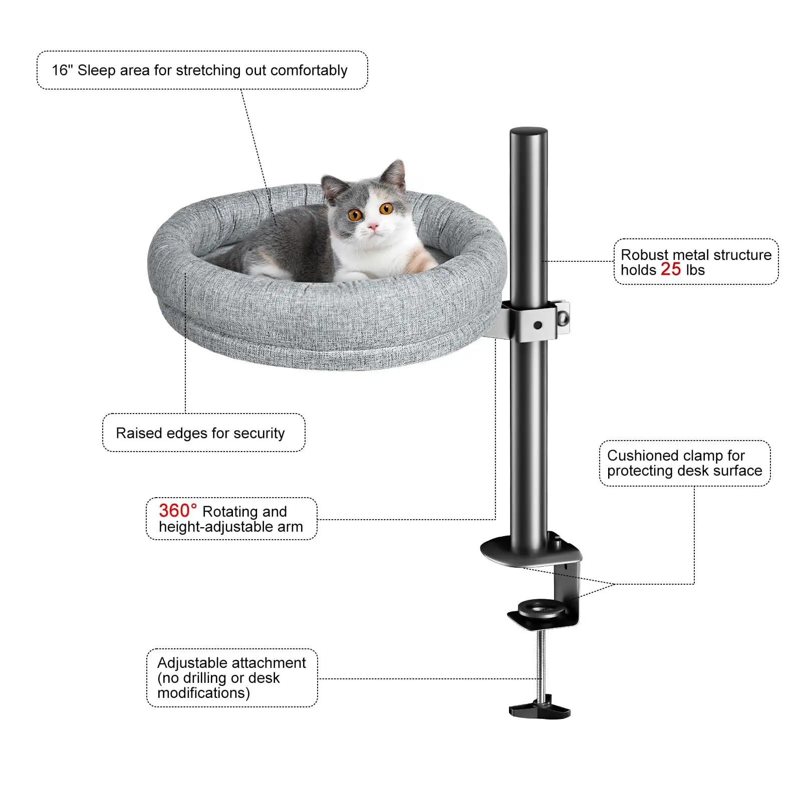 Lit Pour Chat Suspendu Sous Bureau - Hamac Rotatif 360° Réglable En Hauteur, Max. Épaisseur 6 Cm
