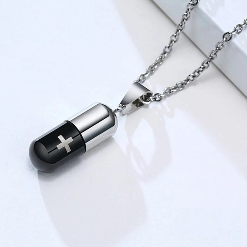 Stainless Steel Cylindrical Capsule Pill Pendant Necklace, Cremation Jewelry for Ashes,Multi Color Option Gift for Mens Womens