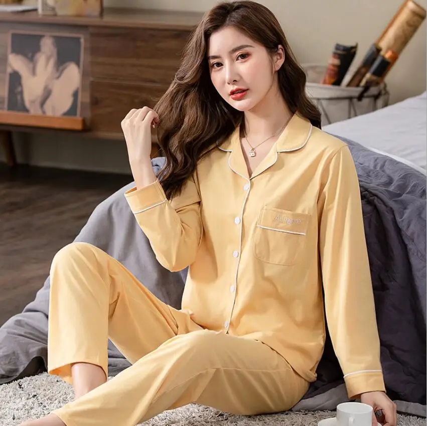 2021 New Solid Spring Sleepwear Set Long Sleeve Pajamas Pockets Home Clothes Casual Cute Nightsuits Pyjama Autumn Tops Pants